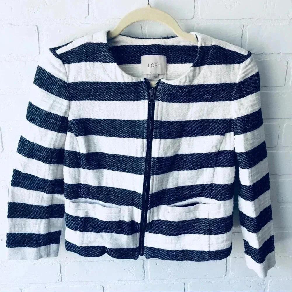 LOFT Gray/Cream Striped Cropped Jacket 2